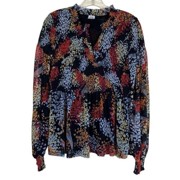Anthropologie Akemi + Kin Adria Black Floral Smocked Chiffon Mesh Blouse Sz S - Picture 15 of 16